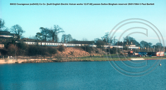 50032 Courageous (exD432) Co Co  [built English Electric Vulcan works 12.07.68] passes Sutton Bingham reservoir 84-01-29 © Paul Bartlett [2w]