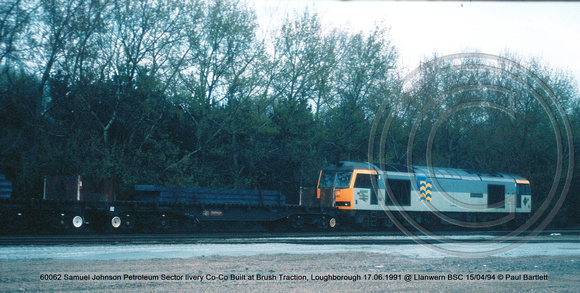 60062 Samuel Johnson Petroleum Sector livery Co-Co Built at Brush Traction, Loughborough 17.06.1991 @ Llanwern BSC 94.04.15 © Paul Bartlett [2w]