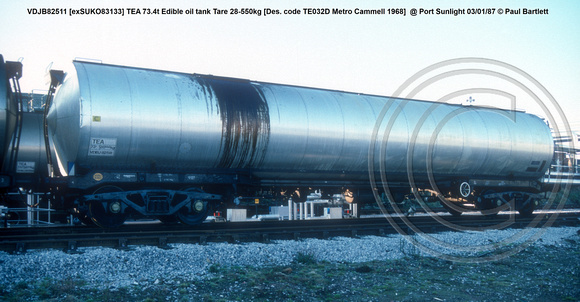 VDJB82511 [exSUKO83133] TEA 73.4t Edible oil tank Tare 28-550kg [Des. code TE032D Metro Cammell 1968]  @ Port Sunlight 87-01-03 © Paul Bartlett w