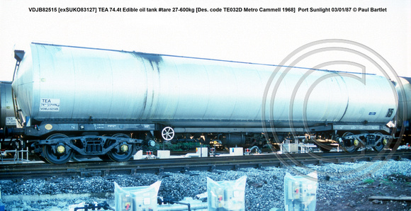 VDJB82515 [exSUKO83127] TEA 74.4t Edible oil tank #tare 27-600kg [Des. code TE032D Metro Cammell 1968]  @ Port Sunlight 87-01-03 © Paul Bartlett w