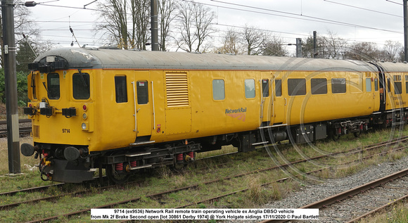 9714 (ex9536) NR Remote train operating vehicle Mk 2f Brake Second open [lot 30861 Derby 1974] @ York Holgate sidings 2020-11-17 © Paul Bartlett [01w]