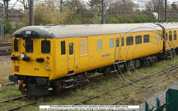 9714 (ex9536) NR Remote train operating vehicle Mk 2f Brake Second open [lot 30861 Derby 1974] @ York Holgate sidings 2020-11-17 © Paul Bartlett [02w]