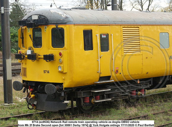 9714 (ex9536) NR Remote train operating vehicle Mk 2f Brake Second open [lot 30861 Derby 1974] @ York Holgate sidings 2020-11-17 © Paul Bartlett [05w]