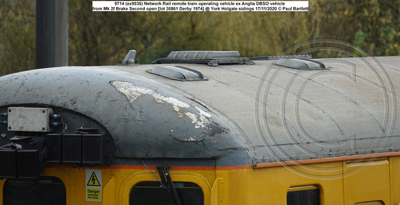 9714 (ex9536) NR Remote train operating vehicle Mk 2f Brake Second open [lot 30861 Derby 1974] @ York Holgate sidings 2020-11-17 © Paul Bartlett [08w]