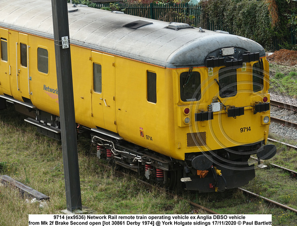 9714 (ex9536) NR Remote train operating vehicle Mk 2f Brake Second open [lot 30861 Derby 1974] @ York Holgate sidings 2020-11-17 © Paul Bartlett [12w]
