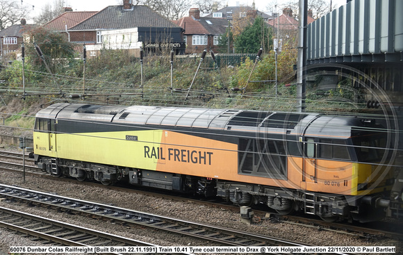 60076 Dunbar Colas Railfreight (Built [Brush 22.11.1991] Train 10.41 Tyne coal terminal to Drax @ York Holgate Junction 2020-11-22 © Paul Bartlett  [1w]