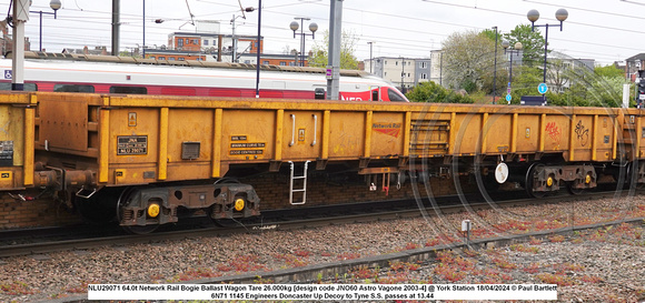 NLU29071 64.0t Network Rail Bogie Ballast Wagon Tare 26.000kg [design code JNO60 Astro Vagone 2003-4] @ York Station 2024-04-18 © Paul Bartlett w