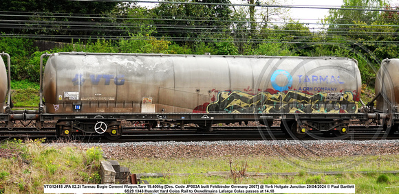 VTG12418 JPA 82.2t Tarmac Bogie Cement Wagon,Tare 19.400kg [Des. Code JP003A built Feldbinder Germany 2007] @ York Holgate Junction 2024-04-20 © Paul Bartlett w