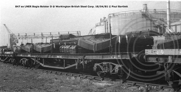 847 ex LNER Bogie Bolster D @ Workington BSC 81-04-18 © Paul Bartlett w