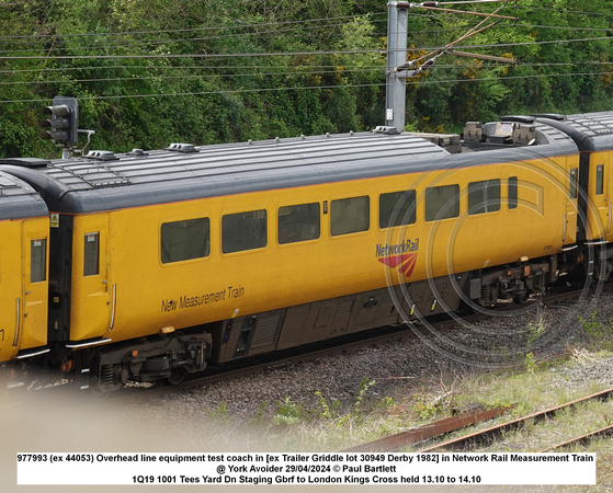 977993 (ex 44053) Overhead line equipment test coach in [ex Trailer Griddle lot 30949 Derby 1982] in Network Rail Measurement Train @ York Avoider 2024-04-29 © Paul Bartlett w