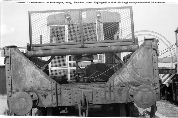 DW80747 ZXO GWR Ballast rail winch wagon Rail Loader 19D ‘tunny’Diag P23 @ Nottingham 83-06-04 © Paul Bartlett w