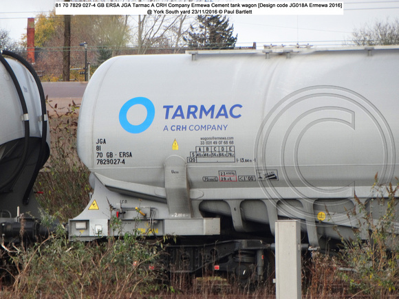 81 70 7829 027-4 GB ERSA JGA Tarmac A CRH Company Ermewa Cement tank wagon [Design code JG018A Ermewa 2016] @ York South yard 2016-11-23 © Paul Bartlett [2]