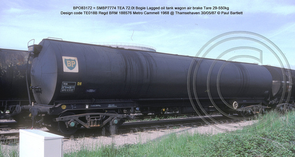 BPO83172 = SMBP7774 TEA Bogie Lagged oil tank wagon AB Design code TE018B @ Thamsehaven 87-05-30 � Paul Bartlett w