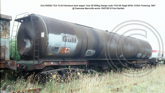 GULF84922 TEA Petroleum fuel tank wagon @ Swansea Marcrofts works 92-07-18 � Paul Bartlett w