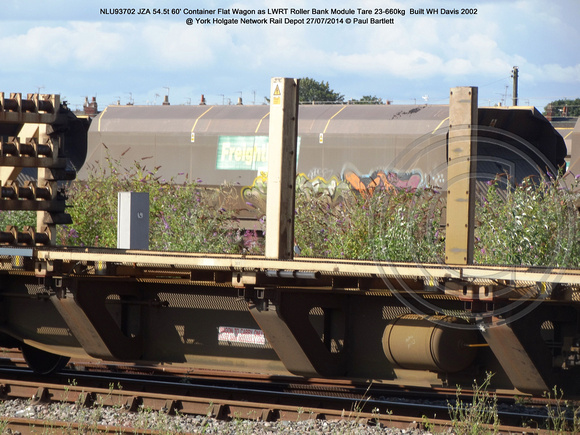 NLU93702 JZA 60' Container Flat Wagon - LWRT Roller Bank Module @ York Holgate Network Rail Depot 2014-07-27 � Paul Bartlett [4w]