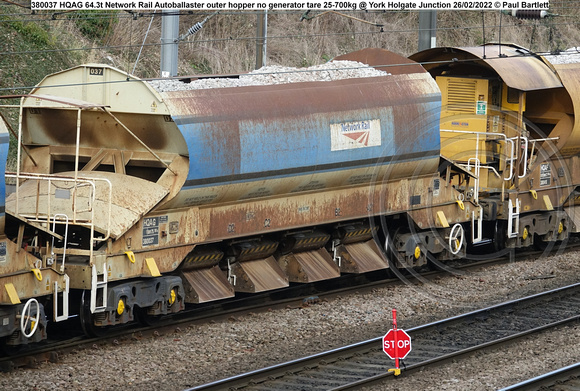 380037 HQAG 64.3t Network Rail Autoballaster outer hopper no generator tare 25-700kg @ York Holgate Junction 2022-02-26 © Paul Bartett [2w]
