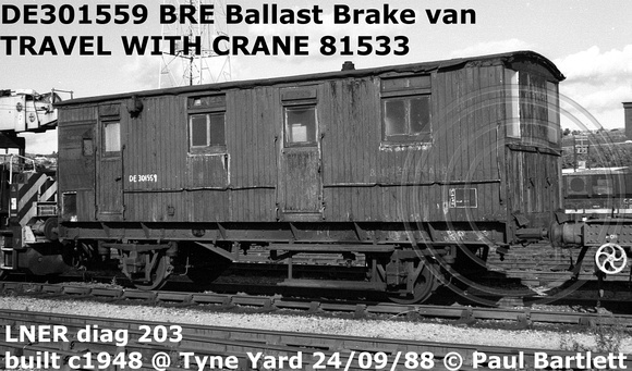 DE301559 Ballast Brake van at Tyne Yard 88-09-24 bw