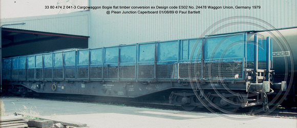 33 80 474 2 041-3 Cargowaggon Bogie flat timber conversion @ Plean Junction Caperboard 89-08-01 � Paul Bartlett [2w]