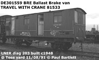 DE301559 Ballast Brake van at Tees Yard 91-08-11 bw2