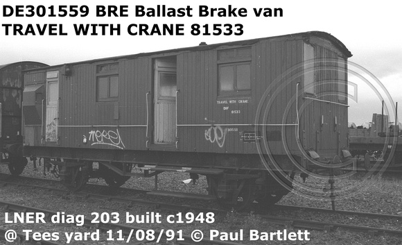 DE301559 Ballast Brake van at Tees Yard 91-08-11 bw2