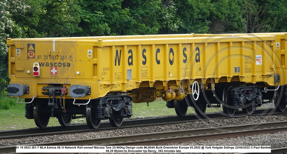 81 70 5932 261-7 MLA Ealnos 66.1t Network Rail owned Wacosa Tare 23-900kg Design code ML004A Built Greenbrier Europe 03.2022 @ York Holgate Sidings 2022-05-22 © Paul Bartlett [3w]