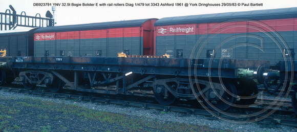 DB923791 YNV Bogie Bolster E with rail rollers Diag 1-479 lot 3343 Ashford 1961 @ York Dringhouses 83-05-29 © Paul Bartlett w