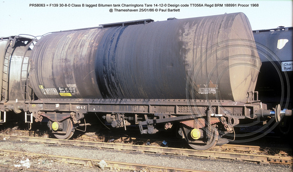 PR58063 = F139 Class B lagged Bitumen tank Charringtons @ Thameshaven 86-01-25 � Paul Bartlett w