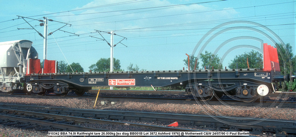 910342 BBA 74.0t Railfreight tare 26.000kg [ex diag BB001B Lot 3872 Ashford 1976] @ Motherwell C&W 90-07-24 © Paul Bartlett w