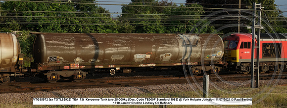 VTG85972 [ex TOTL85925] TEA  73t  Kerosene Tank tare 25-000kg [Des. Code TE009F Standard 1988] @ York Holgate Junction 2021-07-11 © Paul Bartlett w