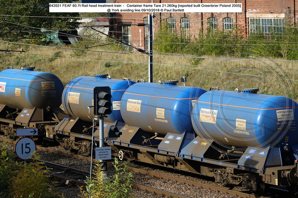 642021 FEAF 60.7t Rail head treatment train – Container frame Tare 21.260kg [reported built Greenbrier Poland 2005] @ York avoiding line 2018-10-09 © Paul Bartlett w