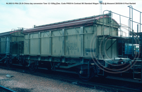 RLS6315 PRA 25.0t China clay conversion Tare 12-150kg [Des. Code PR001A Contract 96 Standard Wagon 1983] @ Mossend 84-05-28 © Paul Bartlett w