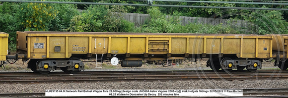 NLU29195 64.0t Network Rail Bogie Ballast Wagon Tare 26.000kg [design code JNO60A Astro Vagone 2003-4] @ York Holgate Sidings 2022-05-22 © Paul Bartlett w