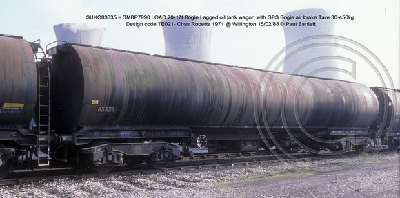 SUKO83335 = SMBP7998 Bogie Lagged oil tank wagon GPS Bogie AB @ Willington 88-02-15 � Paul Bartlett [1w]