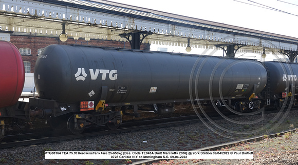 VTG88164 TEA 75.9t Kerosene Tank tare 25-650kg [Des. Code TE045A Built Marcrofts 2006] @ York Station 2022-04-09 © Paul Bartlett [2w]