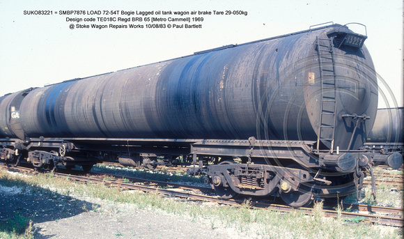 SUKO83221 = SMBP7876 Bogie Lagged oil tank wagon AB Design code TE018C @ Stoke Wagon Repairs Works 83-08-10 � Paul Bartlett w
