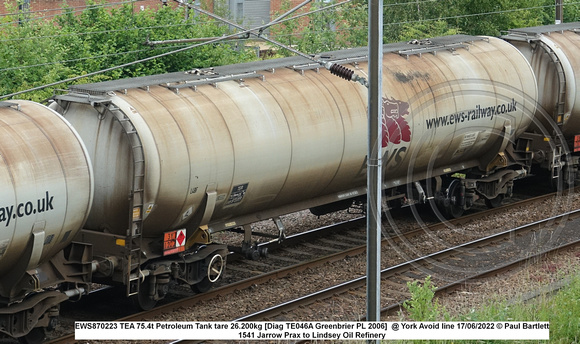 EWS870223 TEA 75.4t Petroleum Tank tare 26.200kg [Diag TE046A Greenbrier PL 2006]  @ York Avoid line 2022 06-17 © Paul Bartlett w