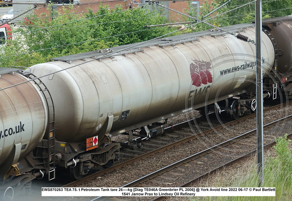 EWS870263 TEA 75. t Petroleum Tank tare 26----kg [Diag TE046A Greenbrier PL 2006] @ York Avoid line 2022 06-17 © Paul Bartlett w