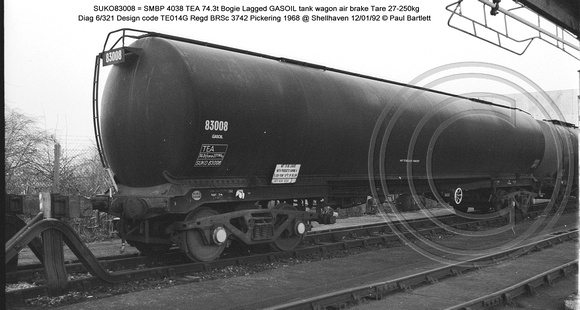SUKO83008 = SMBP 4038 TEA 7Bogie Lagged GASOIL tank wagonAB Design code TE014G @ Shellhaven 92-01-12 � Paul Bartlett w