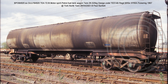 BPO84920 ex GULF84920 TEA Motor spirit Petrol fuel tank wagon @ York North Yard 2001-04-28 � Paul Bartlett [2w]