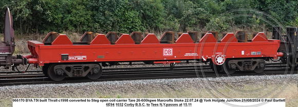 966170 BYA 75t built Thrall c1998 converted to Steg open coil carrier Tare 26-600kgwe Marcrofts Stoke 22.07.24 @ York Holgate Junction 2024-08-21 © Paul Bartlett w