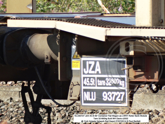NLU93727 JZA 60' Container Flat Wagon - LWRT Roller Bank Module @ York Holgate Network Rail Depot 2014-07-27 � Paul Bartlett [2w]