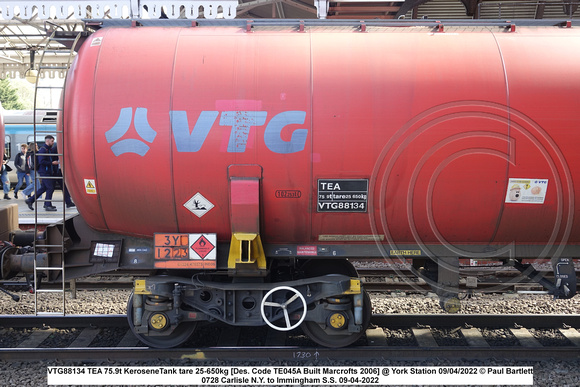 VTG88134 TEA 75.9t Kerosene Tank tare 25-650kg [Des. Code TE045A Built Marcrofts 2006] @ York Station 2022-04-09 © Paul Bartlett [3w]