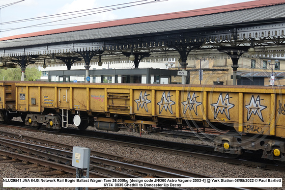 NLU29541 JNA 64.0t Network Rail Bogie Ballast Wagon Tare 26.000kg [design code JNO60 Astro Vagone 2003-4] @ York Station 2022-05-08 © Paul Bartlett [3w]