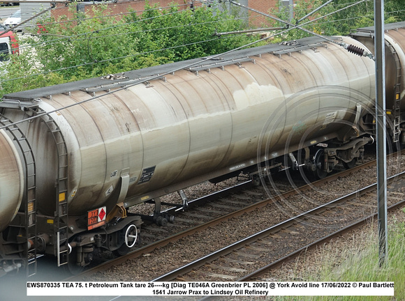 EWS870335 TEA 75. t Petroleum Tank tare 26----kg [Diag TE046A Greenbrier PL 2006] @ York Avoid line 2022 06-17 © Paul Bartlett w