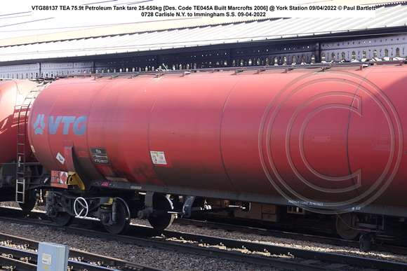 VTG88137 TEA 75.9t Petroleum Tank tare 25-650kg [Des. Code TE045A Built Marcrofts 2006] @ York Station 2022-04-09 © Paul Bartlett [4w]