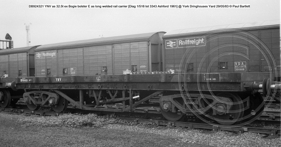 DB924321 YNV ex Bogie bolster E as long welded rail carrier Diag 1-516 @ York Dringhouses Yard 83-05-29 © Paul Bartlett w