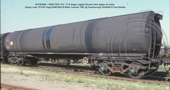 BPO83696 = SMBP7605 TEA Bogie Lagged bitumen tank wagon AB Design code TE018F @ Peterborough 90-05-05 � Paul Bartlett w