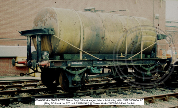 CDW43914 = 024329 GWR Diag DD3 tank @ Crewe Works 90-07-21 � Paul Bartlett [2w]