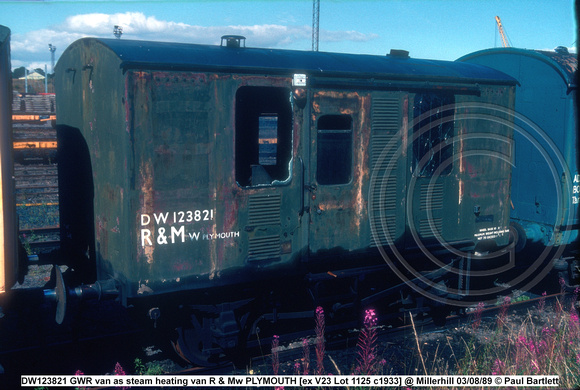 DW123821 GWR van as steam heating van R & Mw PLYMOUTH [ex V23 Lot 1125 c1933] @ Millerhill 89-08-03 © Paul Bartlett w