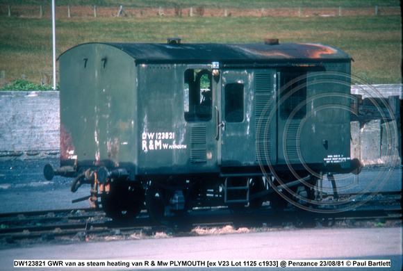 DW123821 GWR van as steam heating van R & Mw PLYMOUTH [ex V23 Lot 1125 c1933] @ Penzance 81-08-23 © Paul Bartlett [1w]
